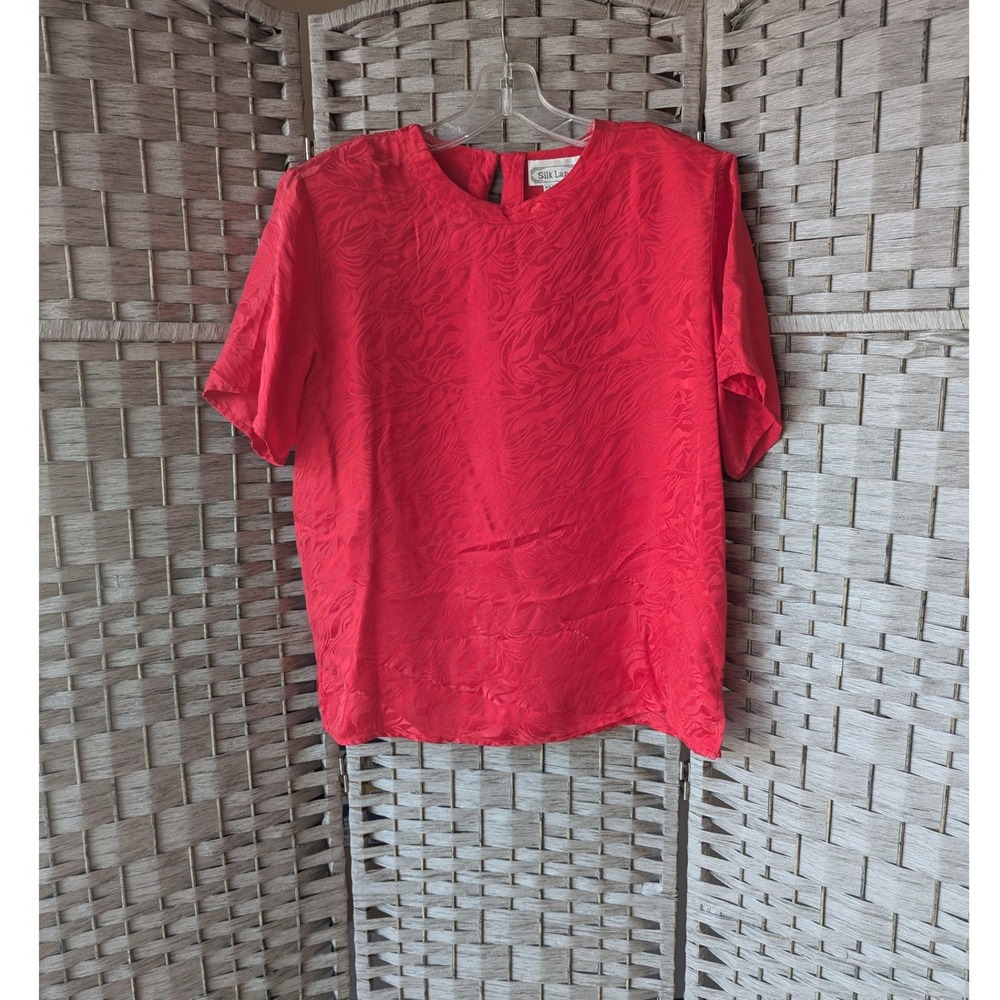 Vtg Silk Land Blouse Red Jacquard Silk Short Sleeve Blouse Top Womens M Office